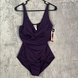 NWT New Lands End Dark Purple Knot UPF 50 One Piece Swim Bathing Suit Size M